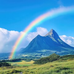 2. A rainbow stretching across a clear blue sky above a mountain