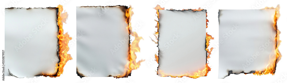 Wall mural png four burning paper sheets with flames on the edges element set on transparent background.