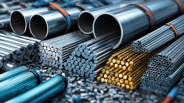 Diverse steel products displayed together bars, coils, sheets, pipes