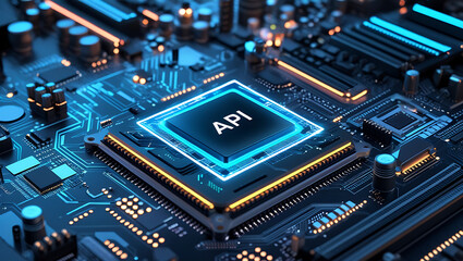 Fototapeta premium API Chip Concept – Microchip Symbolizing Application Programming Interface Integration and Modern Digital Infrastructure