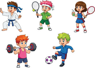 Adorable Cartoon Kids Engaging in Sports and Fitness Activities, Perfect for Active Lifestyle Illustrations flat vector illustration