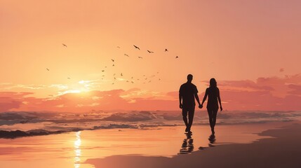 Silhouette of a couple walking hand-in-hand on a beach at sunset.