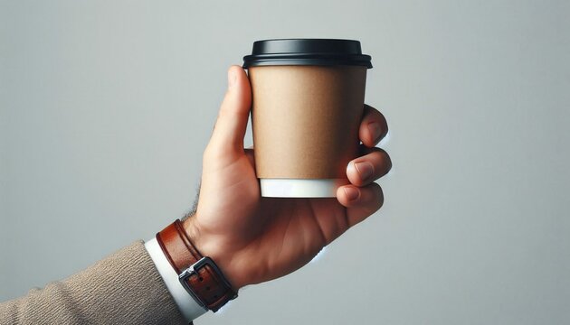 A hand wearing a brown watch holds a brown paper coffee cup with a black lid. The background is a neutral gray, conveying a minimalist tone