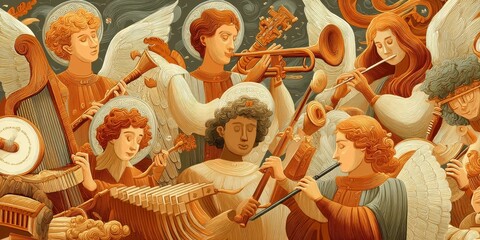 Celestial musicians playing diverse instruments.