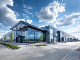 Modern warehouse complex under a partly cloudy sky