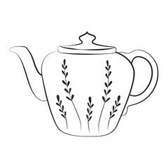 Line Art Teapot with Botanical Pattern