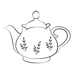 Decorative Teapot Line Art. Vintage Tea Pot Outline Drawing