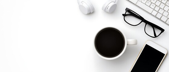 Office desk with coffee flat lay