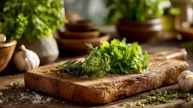 Fresh green herbs like parsley and rosemary with garlic on a rustic wooden cutting board for healthy cooking.