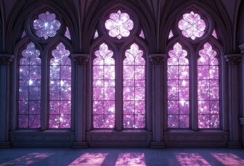 Gothic window frames under purple starlight