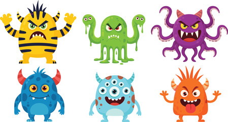Adorable Cartoon Monsters with Colorful and Expressive Designs, Perfect for Halloween and Fantasy Illustrations flat vector illustration