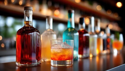 Row of bottles and drink on bar