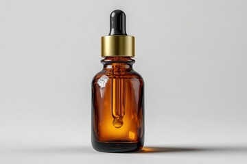 Fototapeta premium Elegantly minimalist dark amber glass dropper bottle on a white background, exuding beauty and sophistication in a serene setting