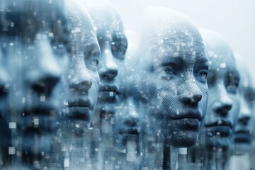 A futuristic image of human faces overlaid with a digital grid, representing artificial intelligence.