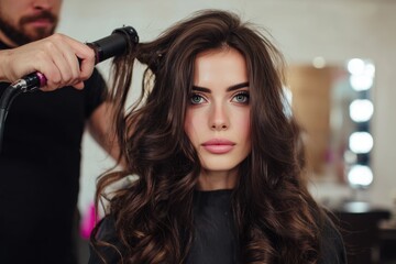 Beautiful woman having her hair styled by a professional hair stylist in a salon setting.