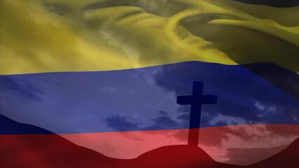 Wind stirring Colombian tricolor flag, gentle rippling across dusk sky, revealing cross silhouette - Powered by Adobe