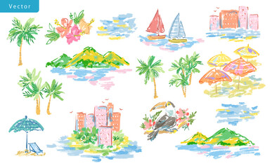 Hand-drawn pastel-themed summer clipart set. Resort vector illustrations with islands, the ocean, yachts, palm trees, beach umbrellas, hibiscus flowers, tropical buildings, and toucans.