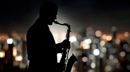 Silhouette of a saxophonist performing at night.