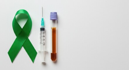 World Lymphoma Awareness Day: Green Ribbon, Syringe, and Blood Sample for Medical Research and Support