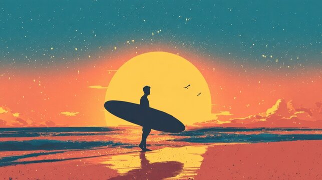 Silhouette of a person walking along the beach with a surfboard at sunset.