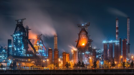 Obraz premium Night scene of an Indian steel plant with glowing furnaces and heavy machinery