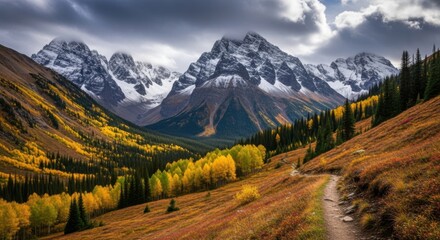Scenic mountain valley displays vibrant autumn foliage under a dramatic cloudy sky with snow-capped peaks