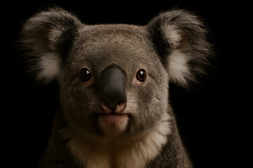 Obraz premium Close-up of a koala’s round face and fluffy ears on black background