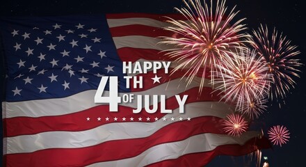 A happy fourth of july celebration with the american flag and fireworks in the night sky behind it