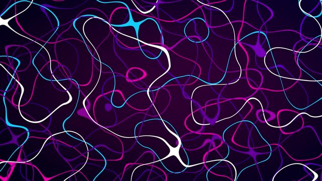 Magenta, cyan, purple and white lines moving randomly, forming circles against a dark violet background. Loop sequence. 3D Animation