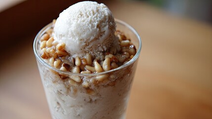 Side view of hot helva with pine nuts, ice cream softly melting into the center