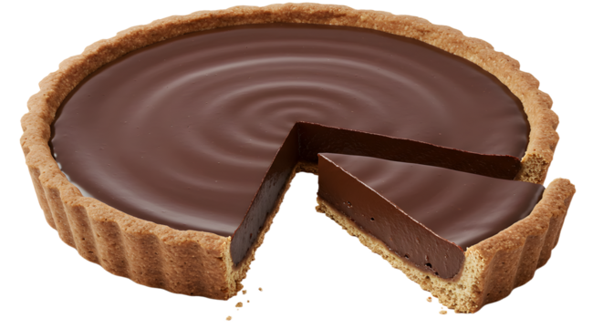 A delicious chocolate tart with a smooth ganache filling, partially sliced, set against a neutral background for culinary display