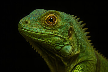 Fototapeta premium Close-up of a lizard’s detailed scales and bright eyes on black background