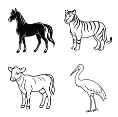 horse tiger calf heron silhouette vector