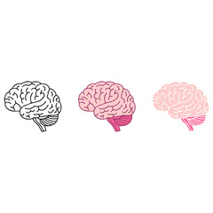 Three Human Brain Icons in Monochrome and Pink Vector Hand-Drawn Style