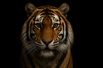 Fototapeta premium Close-up of a tiger’s face with detailed stripes and piercing eyes on black background. ,realistic photos clean background