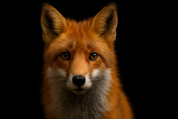 Close-up of a red fox&rsquo;s intelligent face with orange fur and black-tipped ears on black background