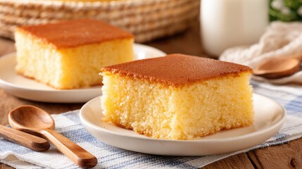 Two plates of Semolina Helva on a table with spoons, ready to be enjoyed by friends