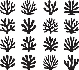 Fototapeta premium This image features sixteen distinct coral and sea plant formations in silhouette, showcasing a wide variety of branching and organic shapes. 
