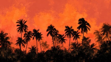 Obraz premium Silhouette of palm trees against a vibrant sunset sky.