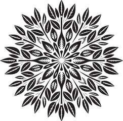 This image features a detailed mandala design with intricate floral and leafy patterns, rendered in black and white line art, suitable for coloring or decorative purposes.
