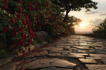 Sunlit garden path bordered by blooming rose bushes