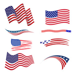Fototapeta premium Collection of various waving USA flags in different shapes and angles_ Ideal for patriotic and holiday-themed graphics.
