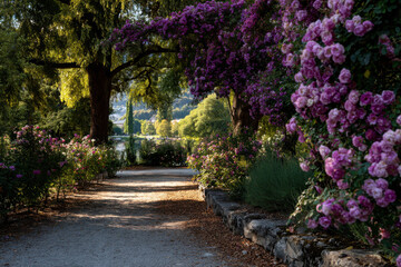 Sunlit garden path adorned with blooming rose bushes