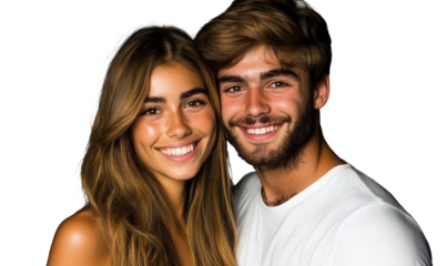 Joyful Couple Smiling Together Against a Dark Background, Radiating Happiness and Positive Energy in a Bright Portrait