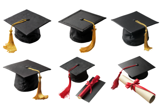 Various Graduation Caps and Diplomas on Isolated Background
