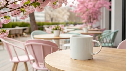 White Mug, Cherry Blossoms, Spring Outdoor Cafe