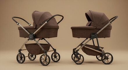 Brown and Gold Baby Stroller 3D Rendering