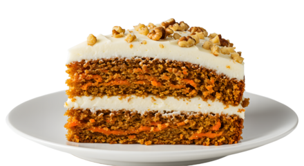 A delicious slice of carrot cake with cream cheese frosting and walnuts on top, presented on a white plate