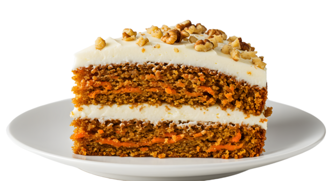 A delicious slice of carrot cake with cream cheese frosting and walnuts on top, presented on a white plate