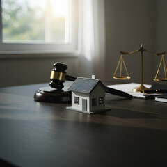House Model Gavel Scales on Wooden Desk Near Window